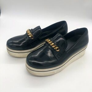 Authentic Stella McCartney Black Gloss Platform Loafers Gold Chain Accent ⛓️🖤💛